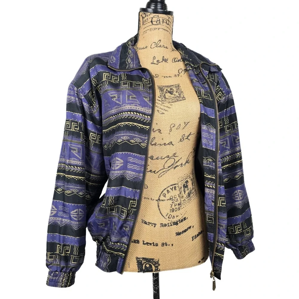 Fuda International Vintage 100% Silk Bomber Jacket Purple Tribal Geometric Small